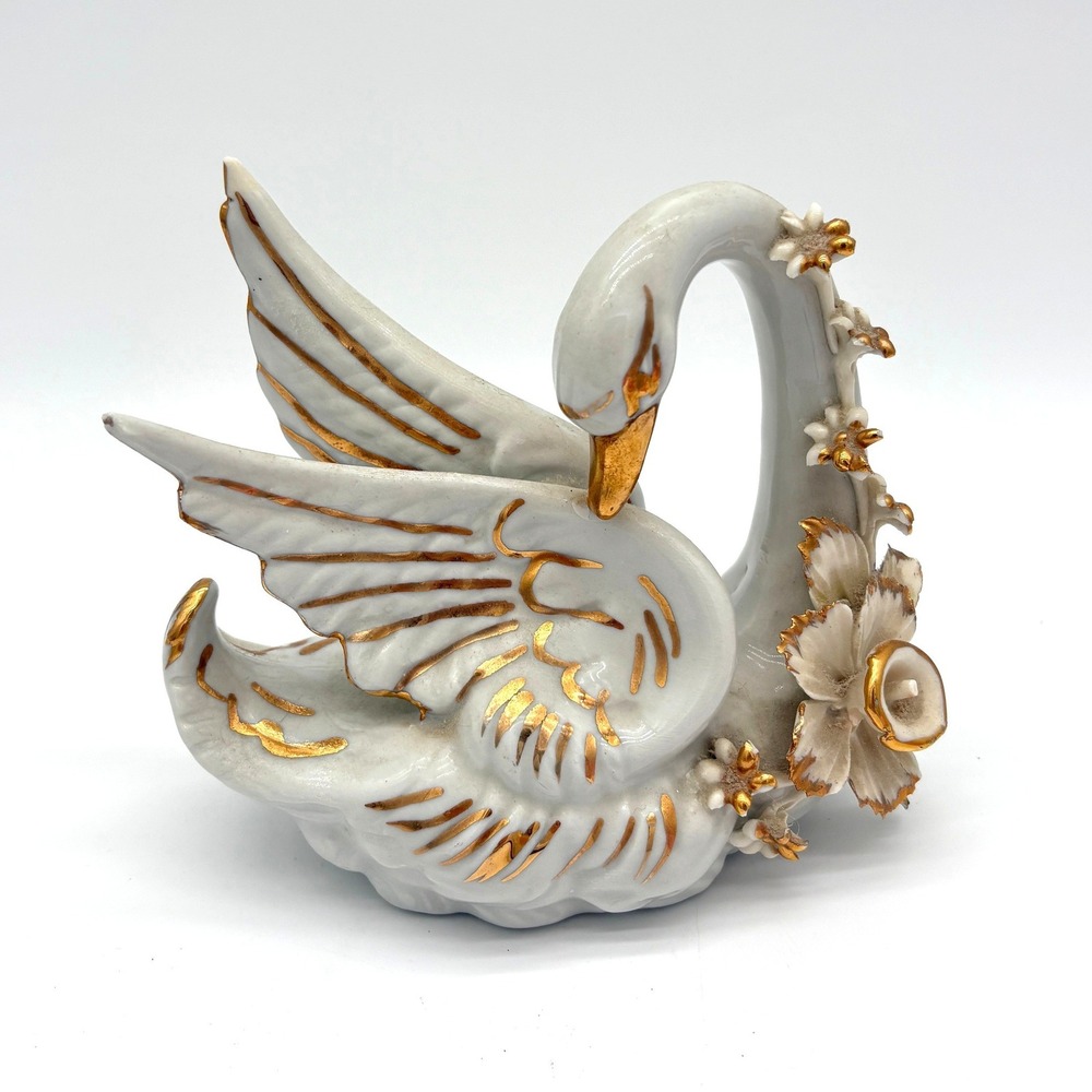 Vintage Italian Porcelain Swan Figurine Gold Gilt Floral Regencycore Decor